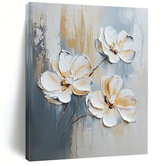 Contemporary hand-painted abstract artwork featuring elegant white flowers on a soft gray background, showcasing neutral tones for a sophisticated ambiance. DLZ0822