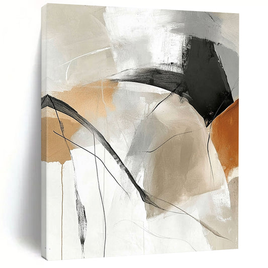 Contemporary hand-painted abstract art featuring beige and white tones with black lines beautiful curves and intertwined gray shades large blank spaces for customization. DLZ0292