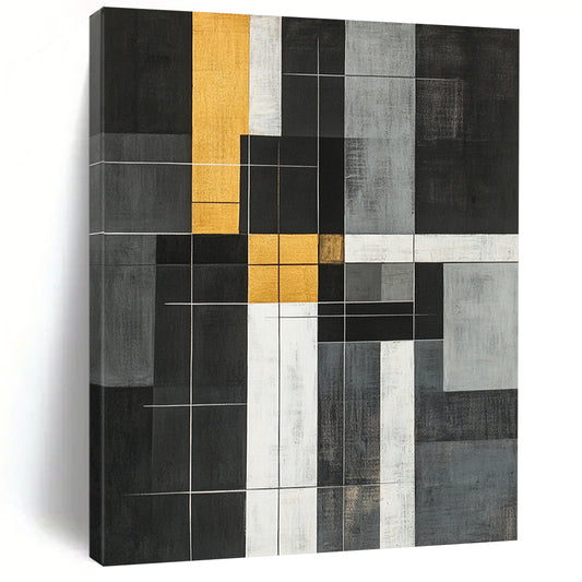Black, White, Gold, Gray, Geometric Grid "Gilded Geometric Web" Abstract Neo - Plasticist Painting On Canvas HB163