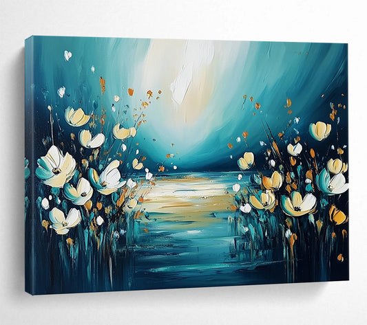 “Dreamy Floral River Abstract” - Teal, Yellow, White with Flowers and River - Painting On Canvas HB1399