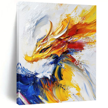Contemporary abstract painting features an impasto technique with a powerful dragon soaring against a white background in vibrant yellows and blues. DLZ0525