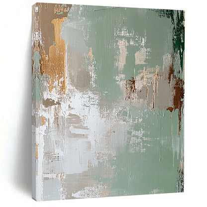 Contemporary hand-painted abstract art featuring a faded distressed background in light green and beige with peeling paint in the style of James Jean. DLZ1257