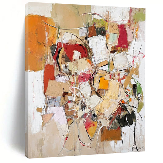 Contemporary abstract painting conveying life's chaos with textured elements in neutral tones of red, yellow, green, white, brown, and beige. DLZ1000