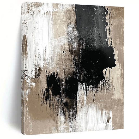 Contemporary hand-painted abstract art featuring a neutral palette of beige and black with monochromatic ink splashes for minimalist elegance. DLZ0929
