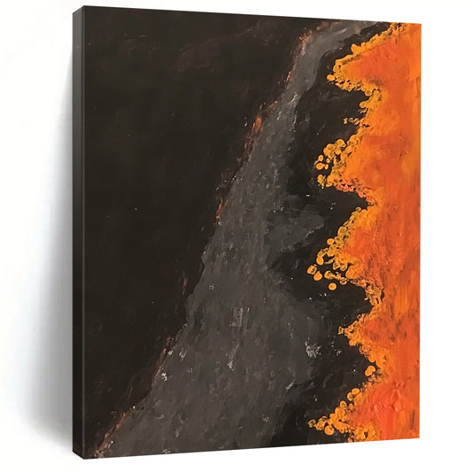 Contemporary abstract artwork capturing an aerial scene of an orange and black river with dark brown water and yellow flowers lining the banks. DLZ0839