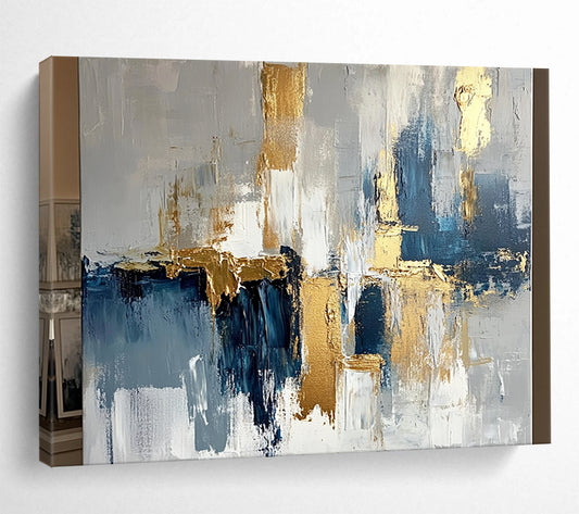 “Abstract Gold - Blue - Gray Cityscape” - Gold, Blue, Gray, White, Urban Shapes Painting On Canvas HB0818