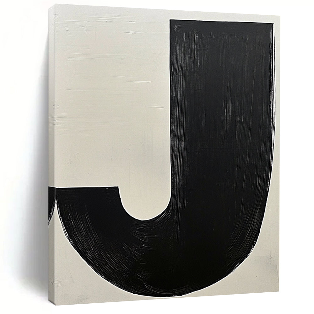 Contemporary hand-painted abstract art featuring bold black and white contrasts with a prominent beige J and a dark grey organic form. DLZ1342