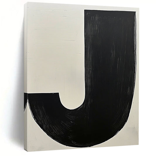 Contemporary hand-painted abstract art featuring bold black and white contrasts with a prominent beige J and a dark grey organic form. DLZ1342