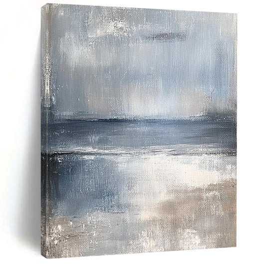 Large contemporary hand-painted abstract artwork featuring serene coastal landscape in muted tones of pale blue and gray evoking a calming sea breeze. DLZ0373