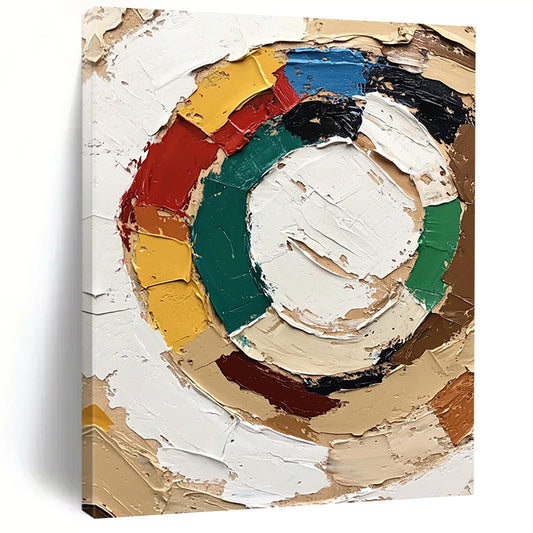Contemporary abstract painting featuring the Olympic symbol with textured strokes and vibrant accents conveying a joyful expression in neutral colors. DLZ0654