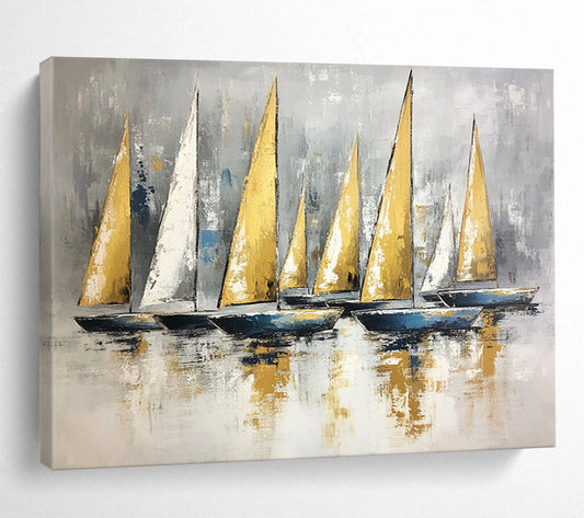 “Gold and Gray Sail Fleet” - Gold, Gray, Blue, Sailboats on Calm Water - Textured Oil Painting HB1733