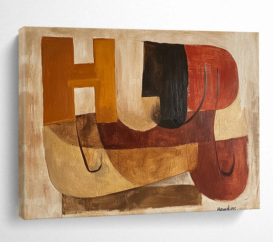 “Abstract Letters & Shapes” - Brown, Orange, Red, Geometric Abstract Painting On Canvas HB0678
