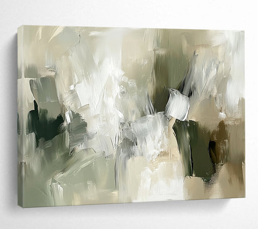 “Green and Beige Abstract Composition” - Green, beige, gray, white; Abstract composition with soft brushstrokes; Acrylic Painting On Canvas HB1265