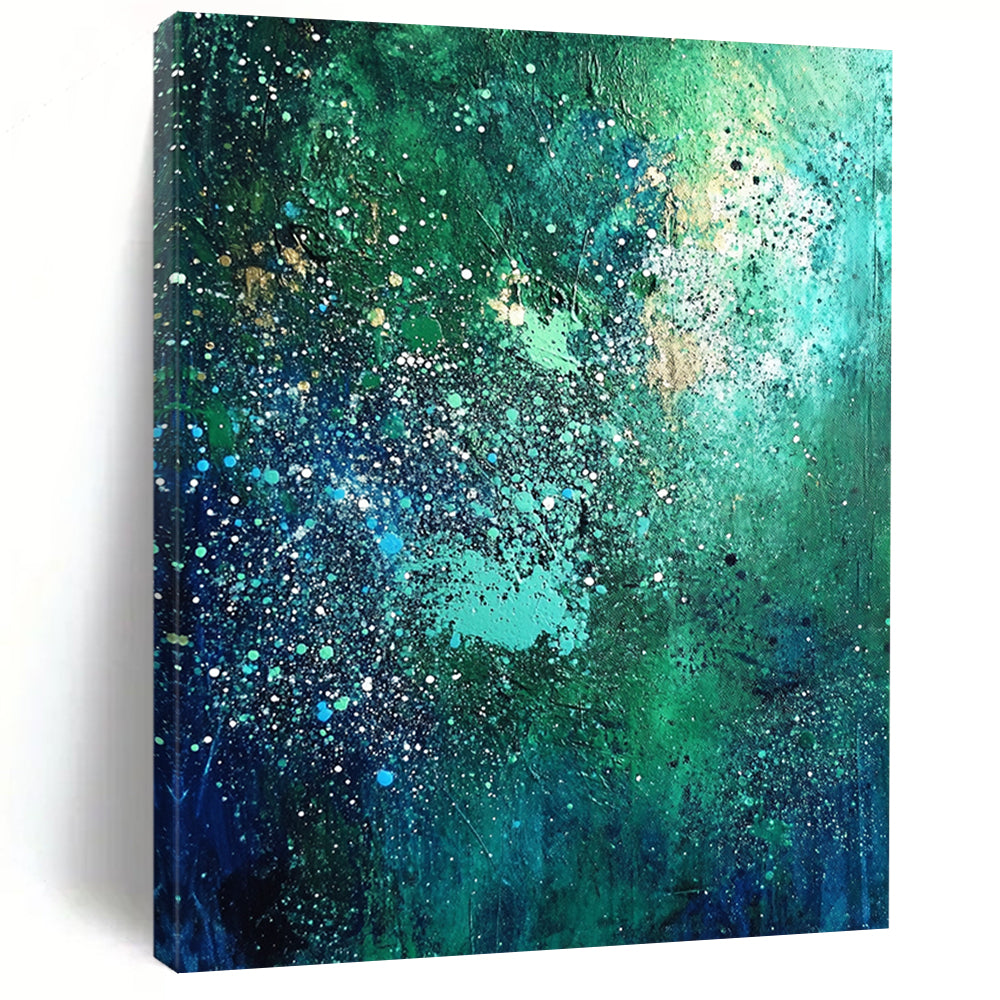 Contemporary abstract artwork in vibrant blues and greens adorned with white speckles and shimmering stars, perfect for elevating any space. DLZ0530