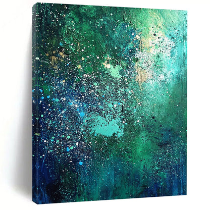 Contemporary abstract artwork in vibrant blues and greens adorned with white speckles and shimmering stars, perfect for elevating any space. DLZ0530