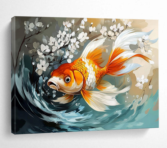 “Goldfish with White Blossoms” - Orange, White, Blue, Nature Scene with Fish - Digital Art HB1650