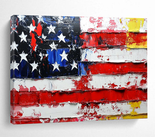 “Textured Flag Tribute” - Red, white, blue, yellow; Thick, weathered strokes on an American flag; Palette Knife Oil Painting On Canvas HB1174