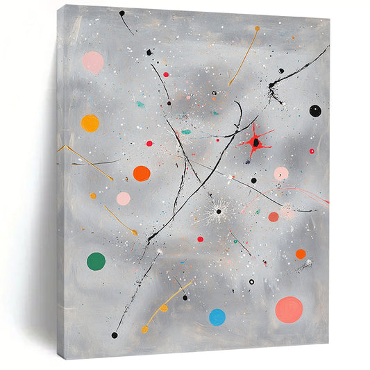 Gray, Colorful Dots, Lines "Playful Cosmos" Abstract Expressionist Painting On Canvas HB086