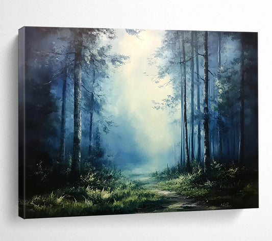 “Mystic Forest Path” - Deep Blues, Greens, Hints of Light, Forest Path in Mist - Atmospheric Oil Painting HB1690
