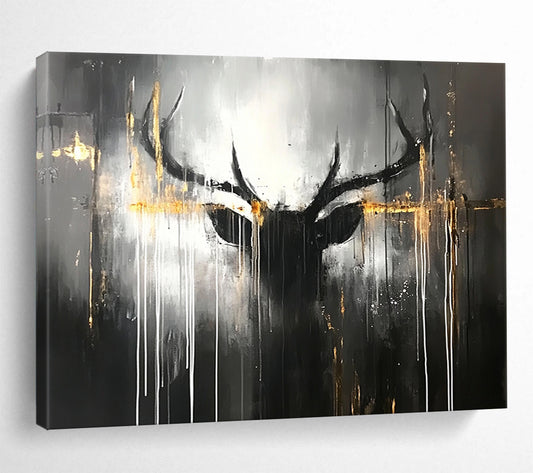 “Mystic Stag” - Dark grays, blacks, striking golds; Abstract stag head, dripping lines; Contemporary Animal Painting On Canvas HB1152
