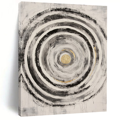 Black, White, Gray and Gold Concentric Circles "Energetic Vortex" Painting On Canvas HB381