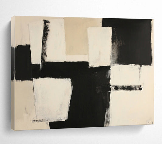 “Monochromatic Geometric Contrast in Black and White” - Black, white, beige; Abstract geometric blocks in black and white; Acrylic Painting On Canvas HB1229