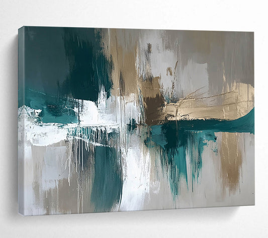 “Teal and Gold Abstract Drip” - Teal, gray, white, gold; Abstract with drip effects and gold accents; Acrylic Painting On Canvas HB1259