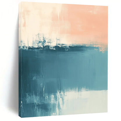 Contemporary hand-painted abstract art featuring muted blue and peach tones with soft brush strokes and a calming sea-inspired atmosphere. DLZ0554