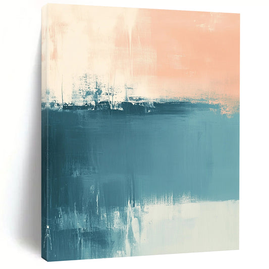 Contemporary hand-painted abstract art featuring muted blue and peach tones with soft brush strokes and a calming sea-inspired atmosphere. DLZ0554