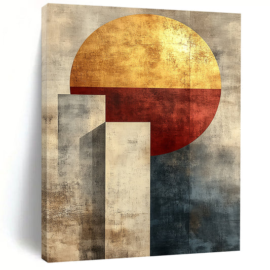 Contemporary abstract artwork featuring minimalist boho geometric shapes in muted tones with gold accents and a textured canvas finish. DLZ1343