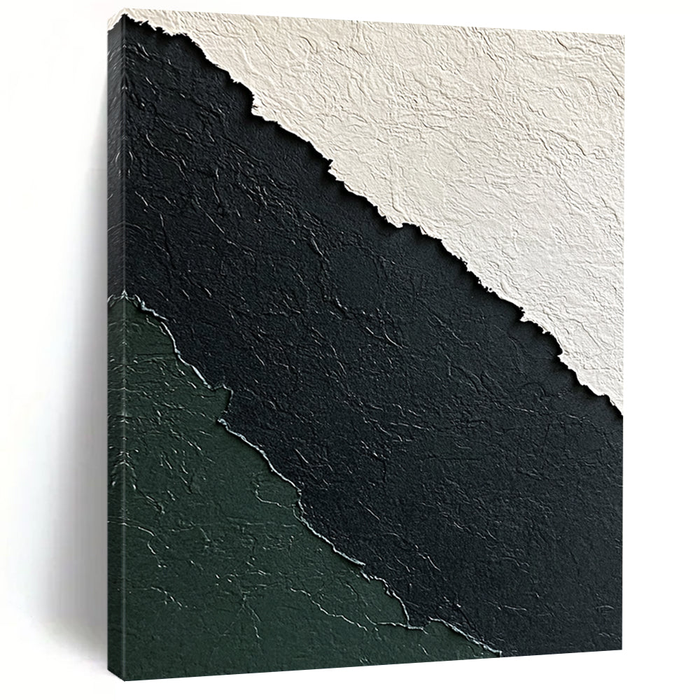 Contemporary abstract art features a textured paper design in black white and green against a dark gray background for a minimalistic elegance. DLZ1249