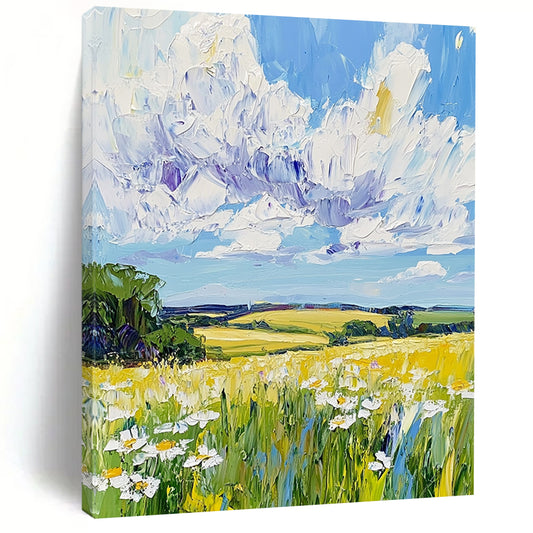 Contemporary abstract painting features vibrant fields and daisies under a blue sky, showcasing dynamic impasto brush strokes in a captivating landscape. DLZ1286