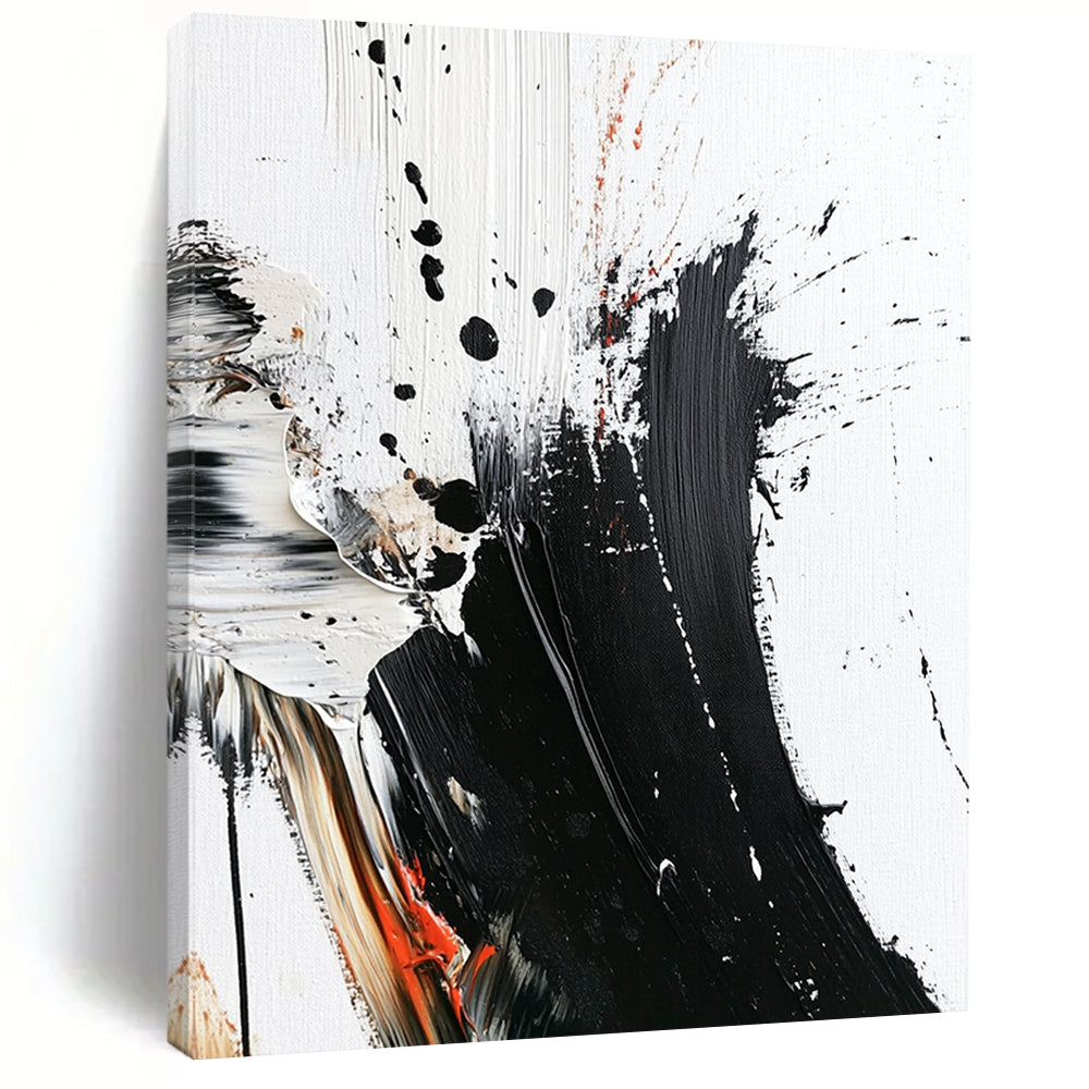 Contemporary abstract painting with bold brush strokes thick texture and striking color splashes on white canvas minimalistic design high contrast art piece. DLZ0312