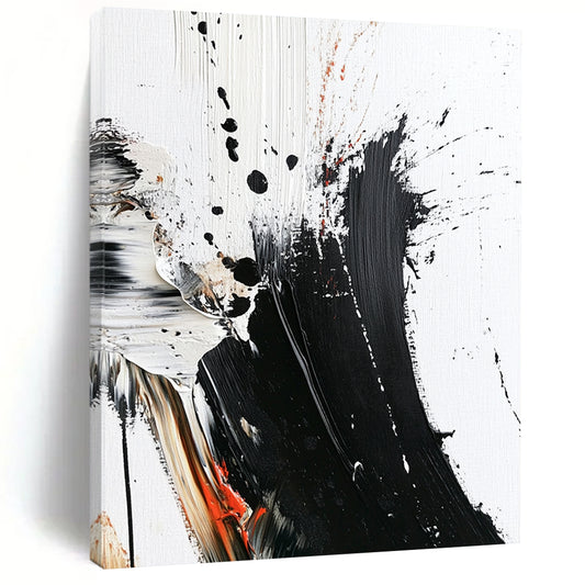 Contemporary abstract painting with bold brush strokes thick texture and striking color splashes on white canvas minimalistic design high contrast art piece. DLZ0312