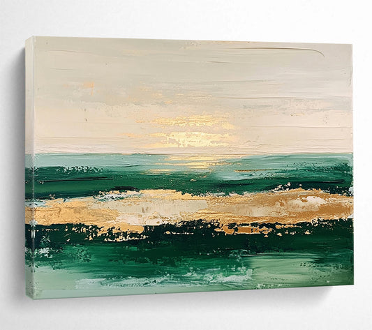 “Golden Sunset Seaview” - Green, Gold, Beige, Abstract Coastal Sunset Painting On Canvas HB1086
