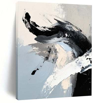 Contemporary abstract painting features striking black and white brushstrokes with a dragon-like shape in ink-like detail, embodying minimalistic expressionism. DLZ0736