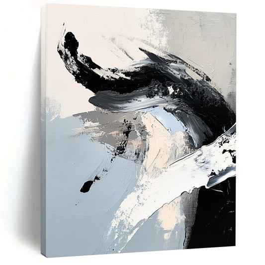 Contemporary abstract painting features striking black and white brushstrokes with a dragon-like shape in ink-like detail, embodying minimalistic expressionism. DLZ0736