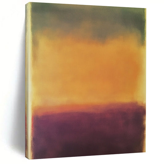 Contemporary hand-painted abstract artwork featuring a serene blurred landscape in earthy tones with a calming purple and vibrant yellow-orange sky. DLZ1389