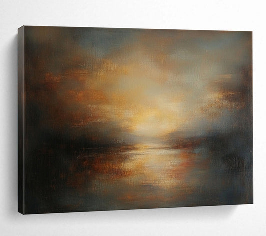“Rustic Lake at Dusk” - Browns, Oranges, Yellows, Greys, Lake Sunset - Abstract Oil Painting HB1574