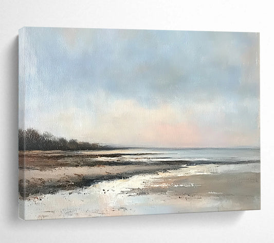 “Serene Coastal Shore” - Blues, Browns, Whites, Beach Scene - Realist Oil Painting HB1594
