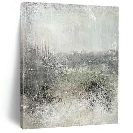 Large contemporary abstract painting featuring soft gray and subtle green hues, textured canvas evokes tranquility and nostalgia in a serene landscape. DLZ0871