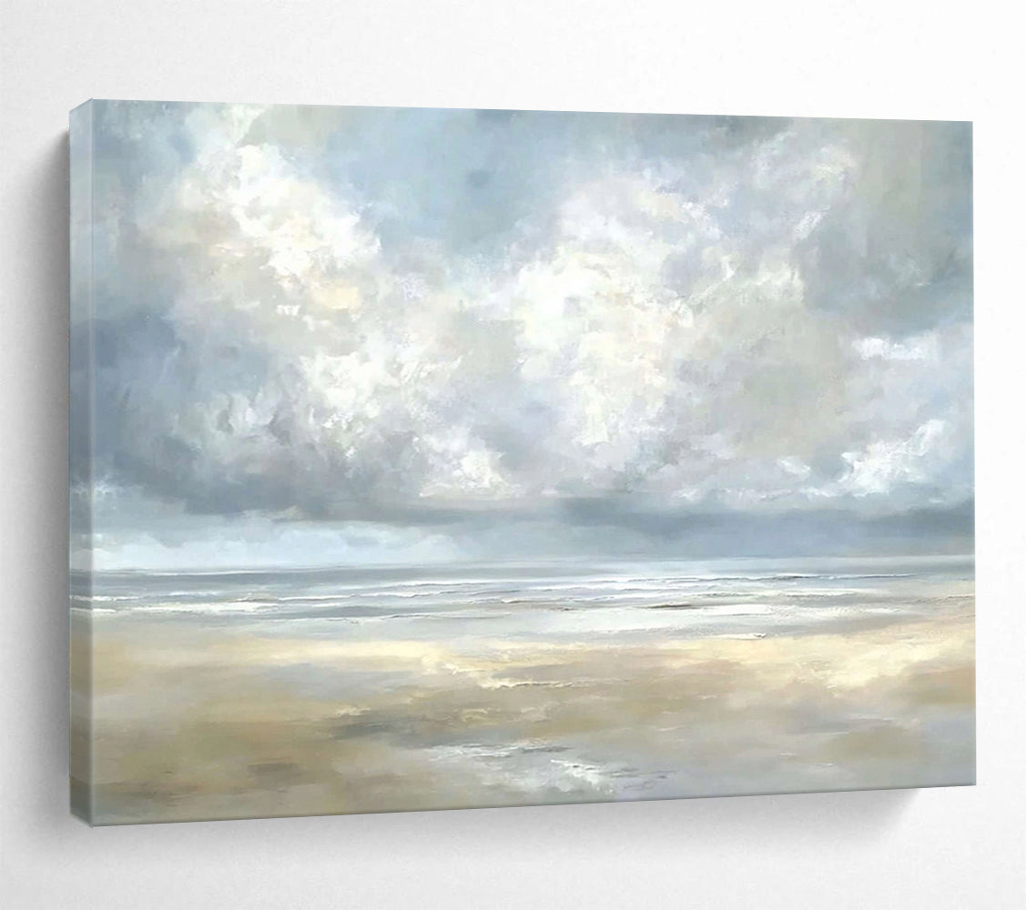 “Misty Coastal Calm” - Gray, Blue, Beige, Tranquil Seaside Clouds Painting On Canvas HB1027
