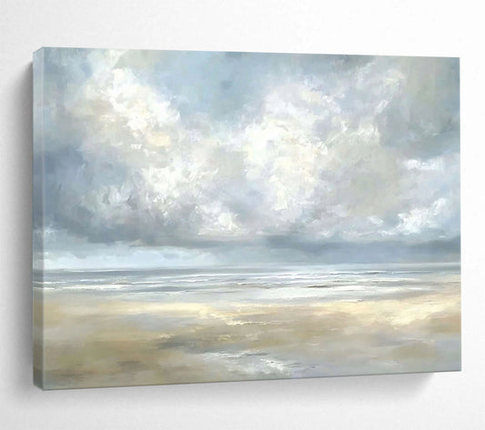 “Misty Coastal Calm” - Gray, Blue, Beige, Tranquil Seaside Clouds Painting On Canvas HB1027