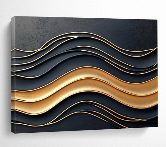 “3D Black - Gold Wavy Relief” - Black, Gold, 3D Wavy Textures Painting On Canvas HB0795