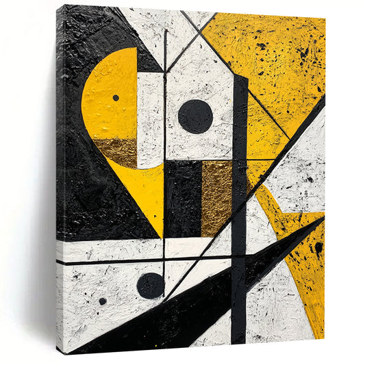 Black, White, Gold and Yellow Geometric Mosaic "Sunny Geometry" Painting On Canvas HB339