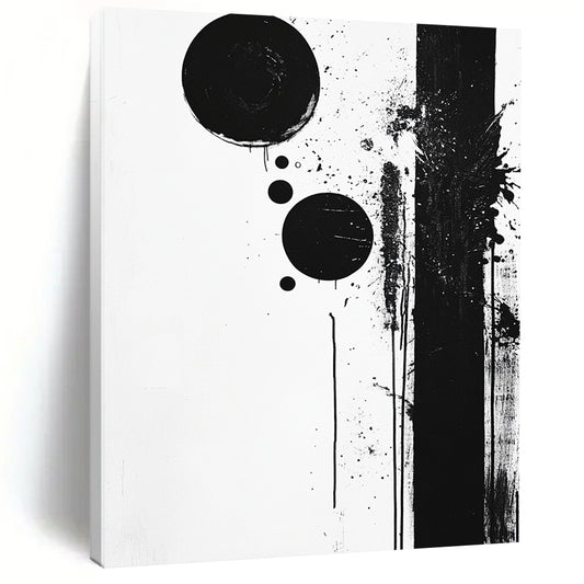 Black Circles, Dots & Splatter - “Dynamic Ink Spots” Painting On Canvas HB236