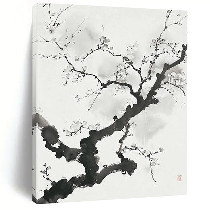 Black and White Ink - style Plum Blossom "Serene Bloom" Painting On Canvas HB322
