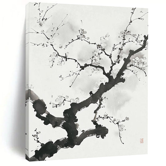Black and White Ink - style Plum Blossom "Serene Bloom" Painting On Canvas HB322