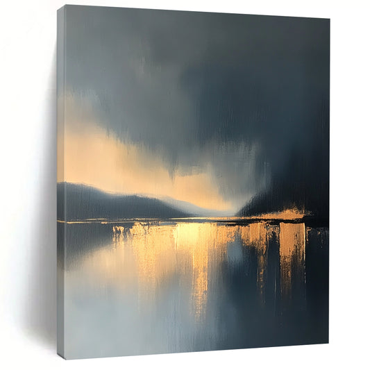 Large contemporary abstract painting features a lake and sky with golden light reflections and atmospheric clouds in minimalist modern art style. DLZ0470