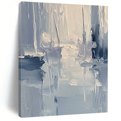 Large contemporary abstract painting featuring textured layers of blue and gray tones with soft lighting reflecting a serene coastal landscape. DLZ0352